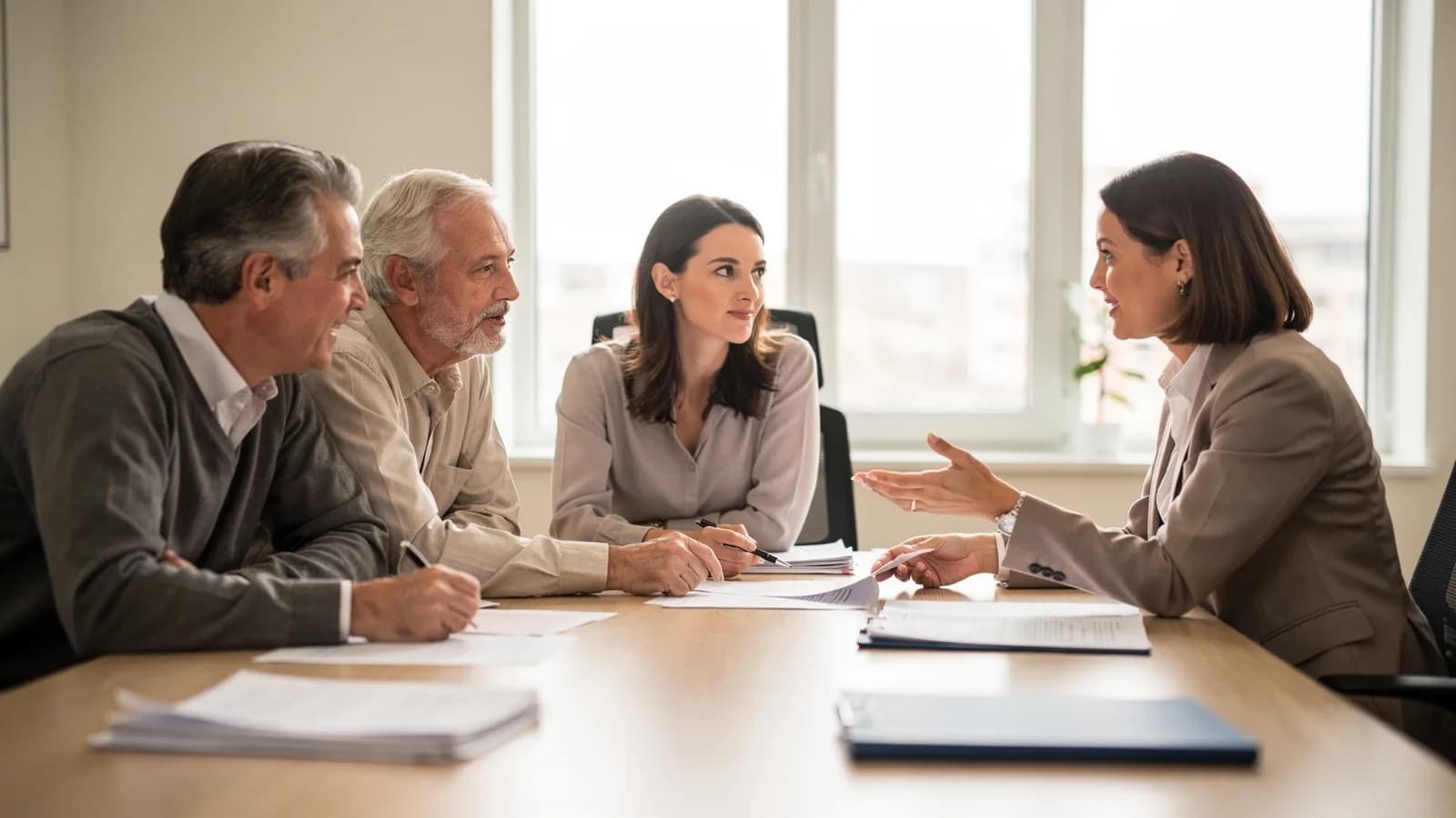 An illustrative scene of a family reviewing documents with an adviser