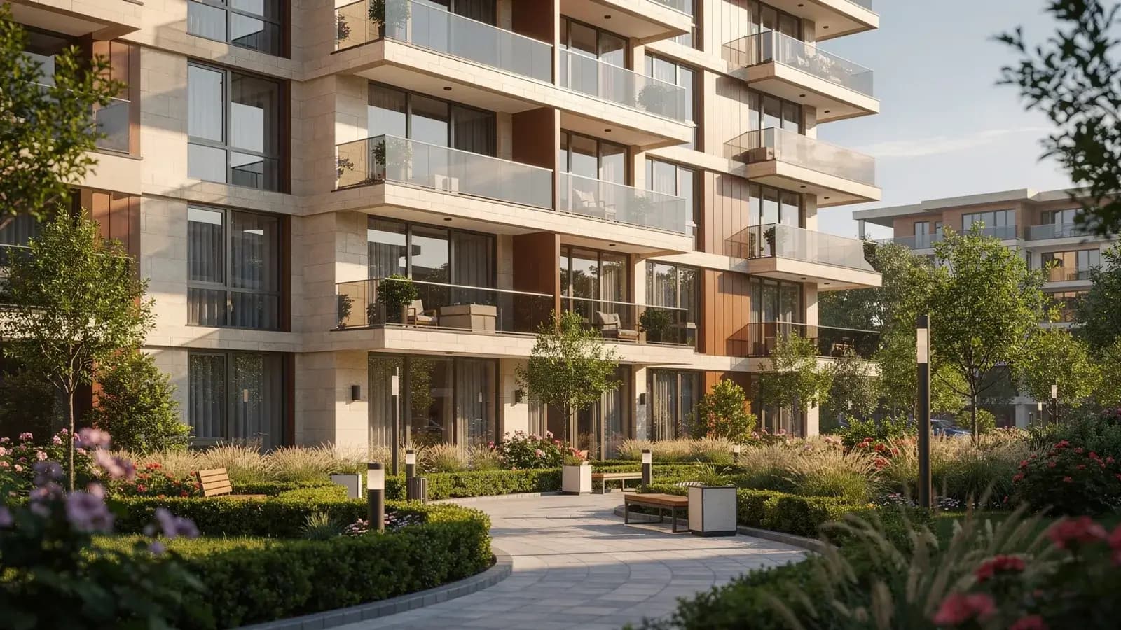 An illustration of a modern residential complex exterior with green landscaping